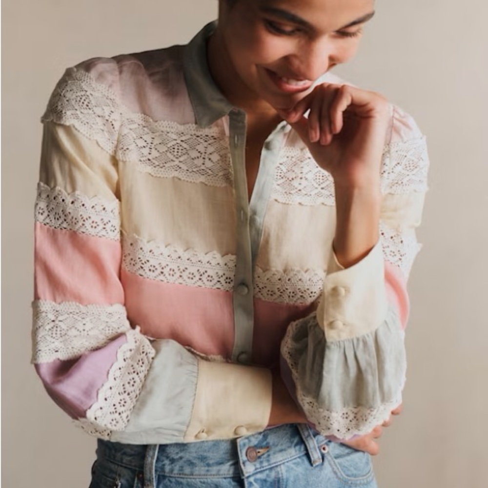 Sezane Claudio Mix Lace Pastel Shirt Blouse NWT
